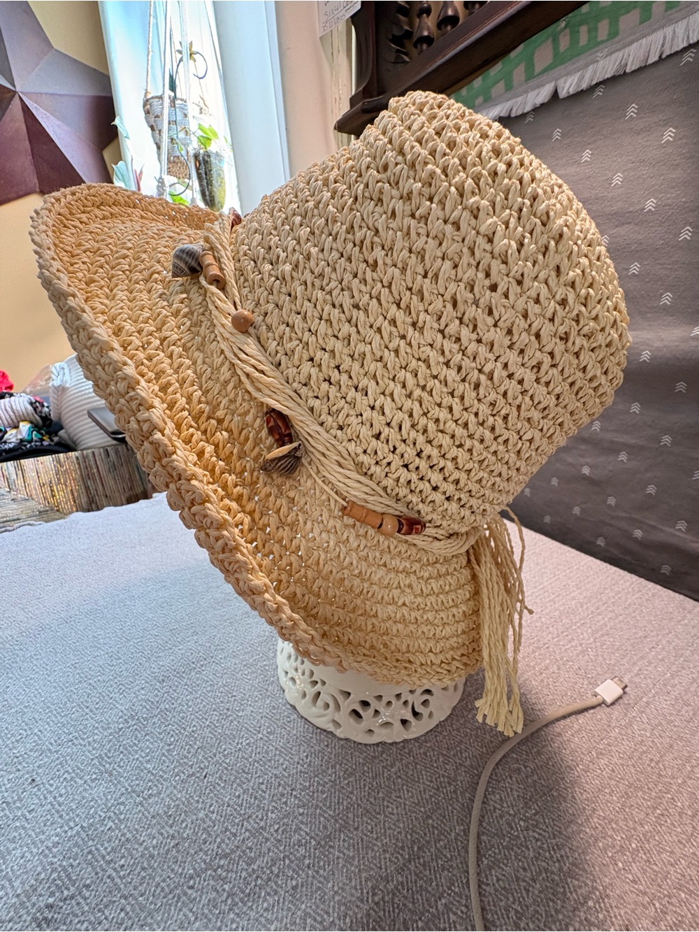 Natural Straw Wide-Brim Sun Hat with Decorative Beaded Band